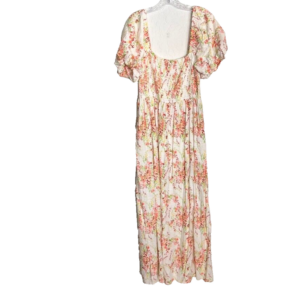 Forever 21 Dress XL Floral Maxi Puff Sleeve Smocked Bodice Square Neck Linen